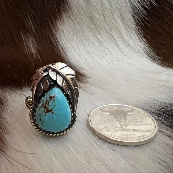 ❤️ Kingman Turquoise Statement Sterling Navajo Style Feather Leaf Ring Sz 7.5 - Picture 6 of 16